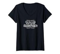 Womens Put On A Kilt and Call Me Sassenach Thistle White Print V-Neck T-Shirt