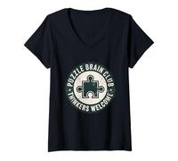 Women's Puzzle Brain Club Thinkers Welcome Logic Game Enthusiast V-Neck T-Shirt