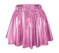 Women's PVC Shiny Faux Leather Pleated Mini Skirts Metallic Wet Look Ruffle Elastic High Waist A-Line Miniskirts Club/Cocktail Party Dance Performance Costume Pink