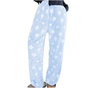 Womens Pyjama Bottoms Fluffy Fleece Pjs Bottoms Warm Comfy Ladies Trousers Elasticated Waist Wide Leg Star Printed Winter Plush Pants Lounge Sleepwear Bottoms Light Blue