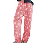 Womens Pyjama Bottoms Fluffy Fleece Pjs Bottoms Warm Comfy Ladies Trousers Elasticated Waist Wide Leg Star Printed Winter Plush Pants Lounge Sleepwear Bottoms Watermelon Red