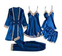 Womens Pyjama Set 5PCS Ladies Satin Silk Pyjamas Plus Size Floral Lace Trim Nightdress Camisole Shorts Pant and Slip Dress Dressing Gown with Chest Pad Carbo for Bridal Honeymoon Sleepwear