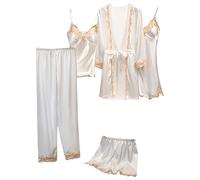 Womens Pyjama Set 5PCS Ladies Satin Silk Pyjamas Plus Size Floral Lace Trim Nightdress Camisole Shorts Pant and Slip Dress Dressing Gown with Chest Pad Carbo for Bridal Honeymoon Sleepwear