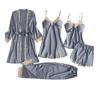 Womens Pyjama Set, Silk Pyjamas for Women 5PCs Ladies Pyjamas Sexy Lace Sleepwear Womens Nightwear Satin Pajamas Floral Nighties Robe Dressing Gown Nightdress Pjs for Women Sets without Chest Pad