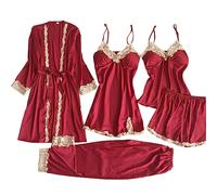 Womens Pyjama Set, Silk Pyjamas for Women 5PCs Ladies Pyjamas Sexy Lace Sleepwear Womens Nightwear Satin Pajamas Floral Nighties Robe Dressing Gown Nightdress Pjs for Women Sets Without Chest Pad