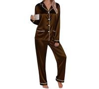 Women's Pyjama Set Silk Satin Long Sleeve Button Down Pyjamas Two Piece Comfy Sleepwear and Loungewear Set Ladies Pjs 2 Piece Silk pajamas sets Lightweight Soft Comfy Nightwear Homewear Brown