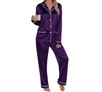 Women's Pyjama Set Silk Satin Long Sleeve Button Down Pyjamas Two Piece Comfy Sleepwear and Loungewear Set Ladies Pjs 2 Piece Silk pajamas sets Lightweight Soft Comfy Nightwear Homewear Dark Purple
