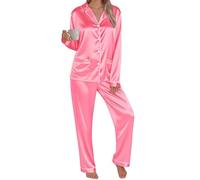 Women's Pyjama Set Silk Satin Long Sleeve Button Down Pyjamas Two Piece Comfy Sleepwear and Loungewear Set Ladies Pjs 2 Piece Silk pajamas sets Lightweight Soft Comfy Nightwear Homewear Hot Pink