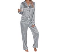 Women's Pyjama Set Silk Satin Long Sleeve Button Down Pyjamas Two Piece Comfy Sleepwear and Loungewear Set Ladies Pjs 2 Piece Silk pajamas sets Lightweight Soft Comfy Nightwear Homewear Grey