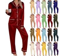 Women's Pyjama Set Silk Satin Long Sleeve Button Down Pyjamas Two Piece Comfy Sleepwear and Loungewear Set Ladies Pjs 2 Piece Silk pajamas sets Lightweight Soft Comfy Nightwear Homewear Wine