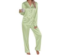 Women's Pyjama Set Silk Satin Long Sleeve Button Down Pyjamas Two Piece Comfy Sleepwear and Loungewear Set Ladies Pjs 2 Piece Silk pajamas sets Lightweight Soft Comfy Nightwear Homewear Mint Green