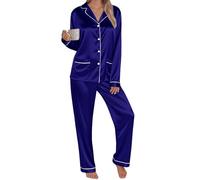 Women's Pyjama Set Silk Satin Long Sleeve Button Down Pyjamas Two Piece Comfy Sleepwear and Loungewear Set Ladies Pjs 2 Piece Silk pajamas sets Lightweight Soft Comfy Nightwear Homewear Dark Blue