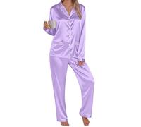 Women's Pyjama Set Silk Satin Long Sleeve Button Down Pyjamas Two Piece Comfy Sleepwear and Loungewear Set Ladies Pjs 2 Piece Silk pajamas sets Lightweight Soft Comfy Nightwear Homewear Purple