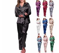 Women's Pyjama Set Silk Satin Long Sleeve Button down Pyjamas Two Piece Comfy Sleepwear and Loungewear Set Birthday Gifts for Women Travel Essentials