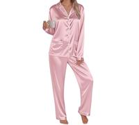 Women's Pyjama Set Silk Satin Long Sleeve Button Down Pyjamas Two Piece Comfy Sleepwear and Loungewear Set Ladies Pjs 2 Piece Silk pajamas sets Lightweight Soft Comfy Nightwear Homewear Pink