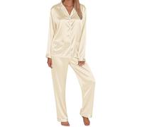 Women's Pyjama Set Silk Satin Long Sleeve Button Down Pyjamas Two Piece Comfy Sleepwear and Loungewear Set Ladies Pjs 2 Piece Silk pajamas sets Lightweight Soft Comfy Nightwear Homewear Beige