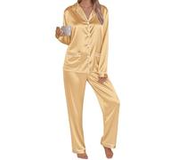 Women's Pyjama Set Silk Satin Long Sleeve Button Down Pyjamas Two Piece Comfy Sleepwear and Loungewear Set Ladies Pjs 2 Piece Silk pajamas sets Lightweight Soft Comfy Nightwear Homewear Gold