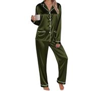 Women's Pyjama Set Silk Satin Long Sleeve Button Down Pyjamas Two Piece Comfy Sleepwear and Loungewear Set Ladies Pjs 2 Piece Silk pajamas sets Lightweight Soft Comfy Nightwear Homewear Green