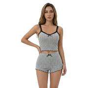 Womens Pyjama Set - Sleeveless Camisole And Shorts In Grey Ribbed Fabric With Black Lace Trim, Bow Detail, Scalloped Hemline And Soft Polyester Spandex Blend For All-Season Loungewear And Relaxed