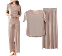 Women's Pyjama Sets 2 Piece Lounge Set for Women Solid Color-Tops & T-Shirts Elastic Waist Straight Leg Trousers for Women Elegant High Waist Trouser Suit Cowl Neck 2 Piece Outfits Khaki