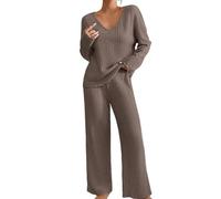 Women's Pyjama Sets, 2 Piece Outfits for Women Pullover-Knit Sweater Long Sleeve V Neck Tops and Wide Leg Pants Ribbed Fall Set Solid Colour Lounge Wear for Women UK Vacation Women's Tracksuits