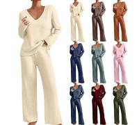 Women's Pyjama Sets, 2 Piece Outfits for Women Pullover-Knit Sweater Long Sleeve V Neck Tops and Wide Leg Pants Ribbed Fall Set Solid Colour Lounge Wear for Women UK Vacation Women's Tracksuits