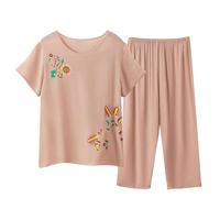 Women's Pyjama Sets Cotton Linen Co Ord Set Summer Casual 2Pc Piece Suit Short Sleeve Round Neck Top Capris Pant Outfits Comfort Breathable Lounge Wear Soft Comfy Sleepwear Nightwear Casual Bride Pjs