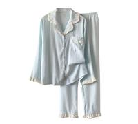 Women's Pyjama Sets Cotton Pjs Long Sleeve Pyjamas Set Soft Button Down Shirts Long Pants Sleepwear 2 Piece Loungewear Ladies Ruffle Nightwear Christmas Pajamas Sets Blue