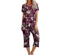Women's Pyjama Sets Ladies Cropped Pyjamas Sets, Womens 2 Piece Cotton Pjs Sleepwear Outfits Loose Short Sleeve Pj Tops and Capri Pants Loungewear Set Homewear Nightwear for All Seasons
