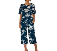Women's Pyjama Sets Ladies Cropped Pyjamas Sets, Womens 2 Piece Cotton Pjs Sleepwear Outfits Loose Short Sleeve Pj Tops and Capri Pants Loungewear Set Homewear Nightwear for All Seasons