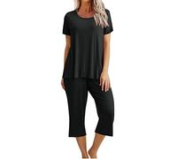 Women's Pyjama Sets Ladies Cropped Pyjamas Sets, Womens 2 Piece Cotton Pjs Sleepwear Outfits Loose Short Sleeve Pj Tops and Capri Pants Loungewear Set Homewear Nightwear for All Seasons
