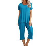 Women's Pyjama Sets Ladies Cropped Pyjamas Sets, Womens 2 Piece Cotton Pjs Sleepwear Outfits Loose Short Sleeve Pj Tops and Capri Pants Loungewear Set Homewear Nightwear for All Seasons