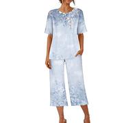 Women's Pyjama Sets Ladies Cropped Pyjamas Sets, Womens 2 Piece Cotton Pjs Sleepwear Outfits Loose Short Sleeve Pj Tops and Capri Pants Loungewear Set Homewear Nightwear for All Seasons