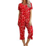 Women's Pyjama Sets Ladies Cropped Pyjamas Sets, Womens 2 Piece Cotton Pjs Sleepwear Outfits Loose Short Sleeve Pj Tops and Capri Pants Loungewear Set Homewear Nightwear for All Seasons