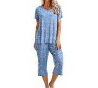 Women's Pyjama Sets Ladies Cropped Pyjamas Sets, Womens 2 Piece Cotton Pjs Sleepwear Outfits Loose Short Sleeve Pj Tops and Capri Pants Loungewear Set Homewear Nightwear for All Seasons