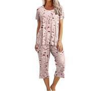 Women's Pyjama Sets Ladies Cropped Pyjamas Sets, Womens 2 Piece Cotton Pjs Sleepwear Outfits Loose Short Sleeve Pj Tops and Capri Pants Loungewear Set Homewear Nightwear for All Seasons
