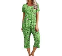 Women's Pyjama Sets Ladies Cropped Pyjamas Sets, Womens 2 Piece Cotton Pjs Sleepwear Outfits Loose Short Sleeve Pj Tops and Capri Pants Loungewear Set Homewear Nightwear for All Seasons
