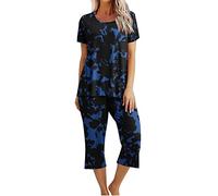 Women's Pyjama Sets Ladies Cropped Pyjamas Sets, Womens 2 Piece Cotton Pjs Sleepwear Outfits Loose Short Sleeve Pj Tops and Capri Pants Loungewear Set Homewear Nightwear for All Seasons