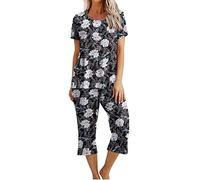 Women's Pyjama Sets Ladies Cropped Pyjamas Sets, Womens 2 Piece Cotton Pjs Sleepwear Outfits Loose Short Sleeve Pj Tops and Capri Pants Loungewear Set Homewear Nightwear for All Seasons