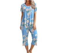 Women's Pyjama Sets Ladies Cropped Pyjamas Sets, Womens 2 Piece Cotton Pjs Sleepwear Outfits Loose Short Sleeve Pj Tops and Capri Pants Loungewear Set Homewear Nightwear for All Seasons