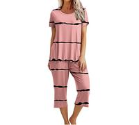 Women's Pyjama Sets Ladies Cropped Pyjamas Sets, Womens 2 Piece Cotton Pjs Sleepwear Outfits Loose Short Sleeve Pj Tops and Capri Pants Loungewear Set Homewear Nightwear for All Seasons