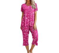 Women's Pyjama Sets Ladies Cropped Pyjamas Sets, Womens 2 Piece Cotton Pjs Sleepwear Outfits Loose Short Sleeve Pj Tops and Capri Pants Loungewear Set Homewear Nightwear for All Seasons