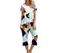 Women's Pyjama Sets Ladies Cropped Pyjamas Sets, Womens 2 Piece Cotton Pjs Sleepwear Outfits Loose Short Sleeve Pj Tops and Capri Pants Loungewear Set Homewear Nightwear for All Seasons