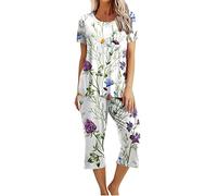 Women's Pyjama Sets Ladies Cropped Pyjamas Sets, Womens 2 Piece Cotton Pjs Sleepwear Outfits Loose Short Sleeve Pj Tops and Capri Pants Loungewear Set Homewear Nightwear for All Seasons