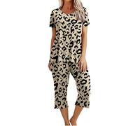 Women's Pyjama Sets Ladies Cropped Pyjamas Sets, Womens 2 Piece Cotton Pjs Sleepwear Outfits Loose Short Sleeve Pj Tops and Capri Pants Loungewear Set Homewear Nightwear for All Seasons