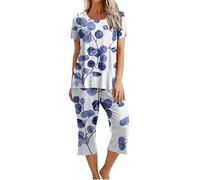 Women's Pyjama Sets Ladies Cropped Pyjamas Sets, Womens 2 Piece Cotton Pjs Sleepwear Outfits Loose Short Sleeve Pj Tops and Capri Pants Loungewear Set Homewear Nightwear for All Seasons