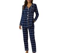 Women's Pyjama Sets Long Sleeve Button Up Top And Wide Leg Pants Checked Two Piece Pj Sets Lightweight Soft Comfy 2 Piece Co Ords With Pockets Plaid Loungewear Plus Size Sleepwear Nightwear Ladies