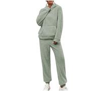 Women's Pyjama Sets Plush Pyjamas for Women Fleece Long Sleeve Fluffy Pj Bottoms Hoodies and Pants 2 Piece Nightwear Fluffy Womans Pjs Loungewear Winter Warm Pajamas Sleepwear with Pocket