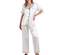 Women's Pyjama Sets Pyjamas Soft Satin Nightwear Ladies Pyjama Classic Short Sleeve Tops and Pjs Trousers Bottoms Two Piece Sets Cosy Pajama Outfits Silk Sleepwear Loungewear Co ord Sets White