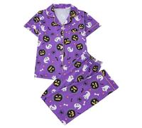 Womens Pyjama Sets Satin Pyjamas Set Halloween Witch Ghost Pumpkin Print Drawstring Waist Lounge Spooky Season Gothic Spider Loungewear Sleepwear Skull Pjs Bottoms Co Ord Sets, Purple, S